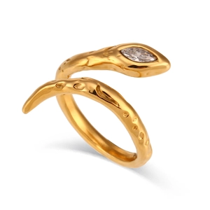 Adjustable gold plated stainless steel snake ring with marquise zircon and hammered texture