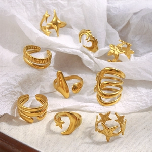 Gold-plated stainless steel ring set with star, moon and floral adjustable open designs
