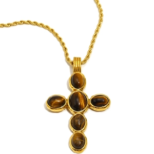 Collar de cruz vintage en acero chapado oro 18K con piedras ojo de tigre marrones