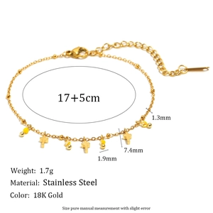 Detailed size chart of 18K gold plated stainless steel bracelet with cross charms
