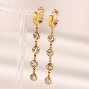 Elegant Long Tassel Dangle Earrings For Women 18K Gold Plated Stainless Steel With Round Clear Zirconia Geometric