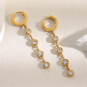 Elegant 18K gold-plated stainless steel long tassel earrings with sparkling zircon crystals