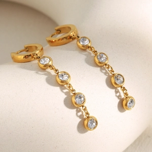Elegant 18K gold plated stainless steel long drop earrings with four round zircons for women