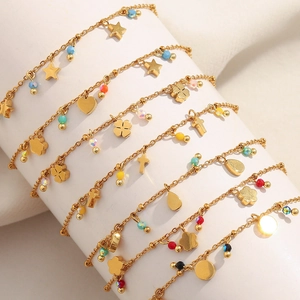 18K Gold Plated Stainless Steel Charm Bracelet For Women Bohemian Tassel Heart Star Cross Clover Pendant Colored Bead Adjustable Chain Jewelry