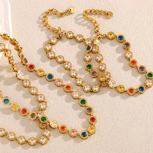 18K gold plated stainless steel rainbow gemstone necklace with colorful round crystals