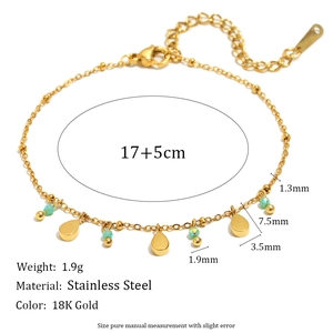 18K gold plated stainless steel bracelet with green beads and water drop charms