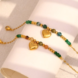 Heart Pendant Beaded Bracelet Stainless Steel 18K Gold Plated Natural Stone Colorful Adjustable Jewelry For Women