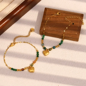 18K gold plated stainless steel heart charm bracelet with colorful beaded chain accents