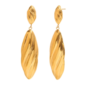 Vintage style gold long shell drop earrings with elegant spiral twist and textured finish
