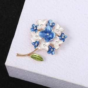 Exquisite hydrangea flower brooch with blue enamel petals and sparkling rhinestones