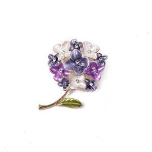 Elegant enamel hydrangea flower brooch with purple rhinestones and golden stem on white base