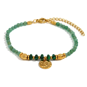 Bracelet en acier inoxydable doré 18K avec perles de pierre naturelle et pendentif pièce