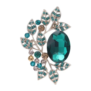 Vintage emerald olive leaf brooch with blue rhinestones for elegant suits and dresses