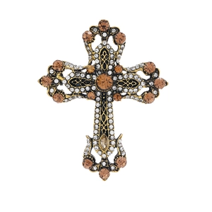 Broche croix vintage en or avec strass champagne et accents de cristal élégants