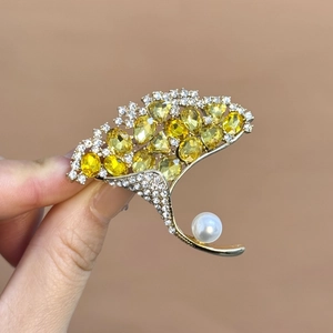 Vintage Ginkgo Blatt Brosche Für Damen Gold Legierung Gelb Strass Kristall Blume Künstliche Perle Nadel Hochzeit Party Mode Schmuck