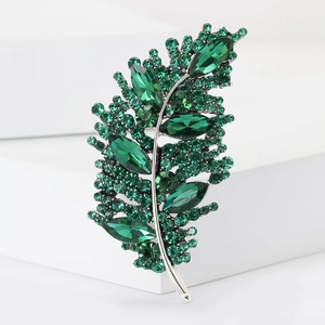 Elegant green crystal leaf brooch in silver finish for women, sparkling fashion jewelry