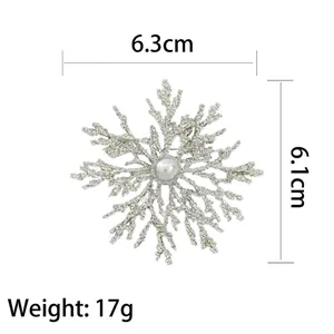 Elegant snowflake brooch with center pearl, 6.3cm wide silver luxury accessory for coats