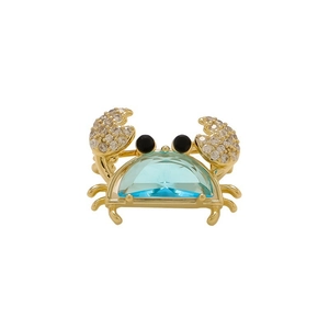 Broche crabe exquise dorée avec une pierre bleu clair et des zircons blancs scintillants