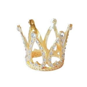 Golden mini princess crown cake topper with sparkling crystals and hollow heart design