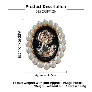 Macro detail of vintage cameo brooch with gold lady relief and faux pearl border