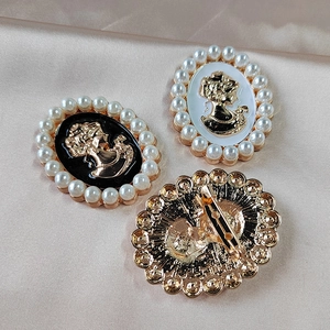 Vintage style cameo brooch with gold silhouette, faux pearls and enamel on satin backdrop