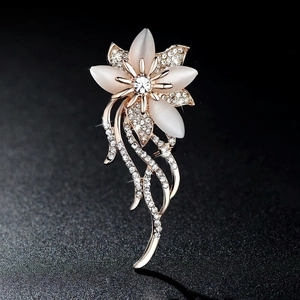 Vintage Palace Alloy Flower Brooch For Women Rose Gold Rhinestone Artificial Cat Eye Stone Jewelry Elegant Brooch Pin
