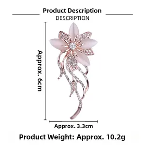 Vue détaillée d'une broche orchidée vintage dorée rose avec dimensions de 6 cm par 3,3 cm