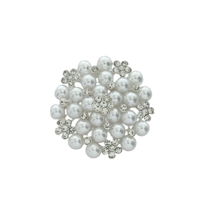 Elegant floral pearl brooch with sparkling rhinestone accents on a silver metal base