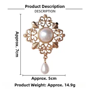 Detail of vintage palace brooch with large pearl and size markings of 7cm by 5cm