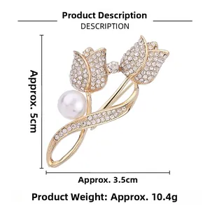 Detailed size specifications for tulip brooch with pearls and rhinestones measuring 5cm