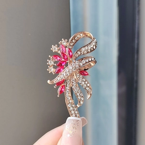 Vintage rose gold ribbon brooch with red crystal and white rhinestones for women suit