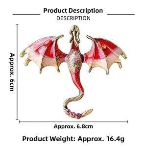 Detailed view of enamel dragon brooch with red rhinestones and size measurements