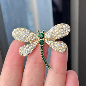 Vintage Alloy Dragonfly Brooch For Women With Green Stones White Rhinestones Electroplated Insect Clothing Jewelry Accessory