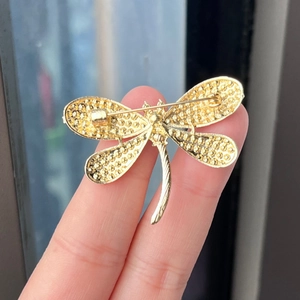 Detailed back view of a golden dragonfly brooch with secure pin buckle fastening