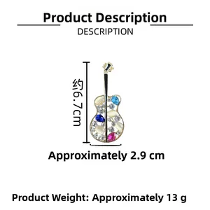Dimensions de la broche guitare mesurant 6,7cm sur 2,9cm avec les détails du poids