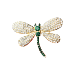 Elegant gold dragonfly brooch with white rhinestones and dark green gemstones for suits
