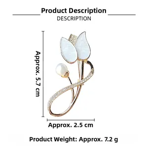 Vue détaillée de la broche tulipe avec émail blanc, cristaux et dimensions de 5,7 cm