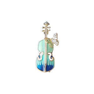 Vintage gold-plated violin brooch with blue enamel gradient and butterfly detail