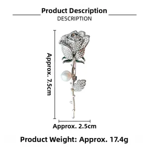 Detailed view of silver rose brooch with dimensions of 7.5cm height and 2.5cm width