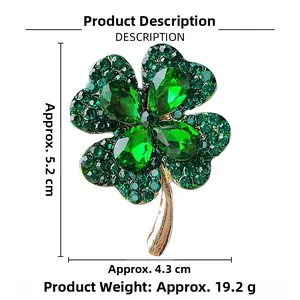 Macro detail of green four-leaf clover brooch showing 5.2cm height and 4.3cm width dimensions