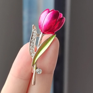 Elegant tulip brooch pin with rose red enamel flower and sparkling white rhinestones