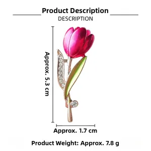 Detail view of tulip brooch dimensions with pink petals and green leaves, 5.3cm height