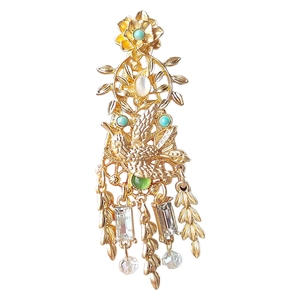 Vintage matte gold swallow brooch with flower petals, turquoise stones and tassel fringe