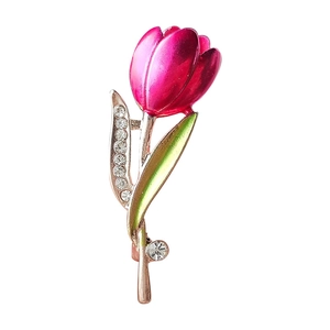 Elegant rose red tulip flower brooch with green leaves and crystals for suits
