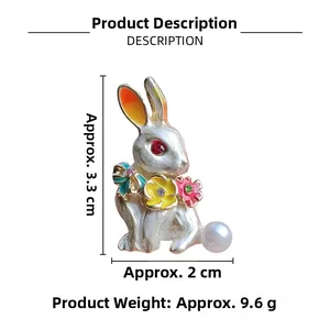 Detail of rabbit brooch showing 3.3cm x 2cm dimensions and 9.6g weight on white background