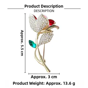 Détails de la broche fleur avec cristaux, émail rouge et feuille verte sertie