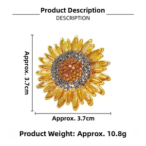 Détails de la broche tournesol avec dimensions de 3,7 cm et poids de 10,8 g