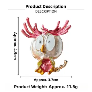 Cartoon owl brooch dimensions 4.5cm x 3.7cm and weight 11.8g displayed on white background