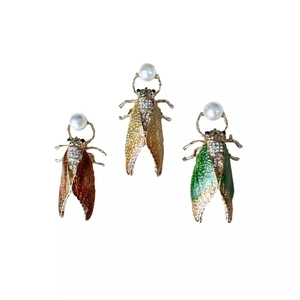 Handmade enamel insect cicada brooches with sparkling crystals and faux pearl accents