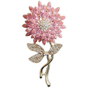 Exquisite vergoldete Sonnenblumen-Brosche mit rosa Kristallblättern und weißen Strass